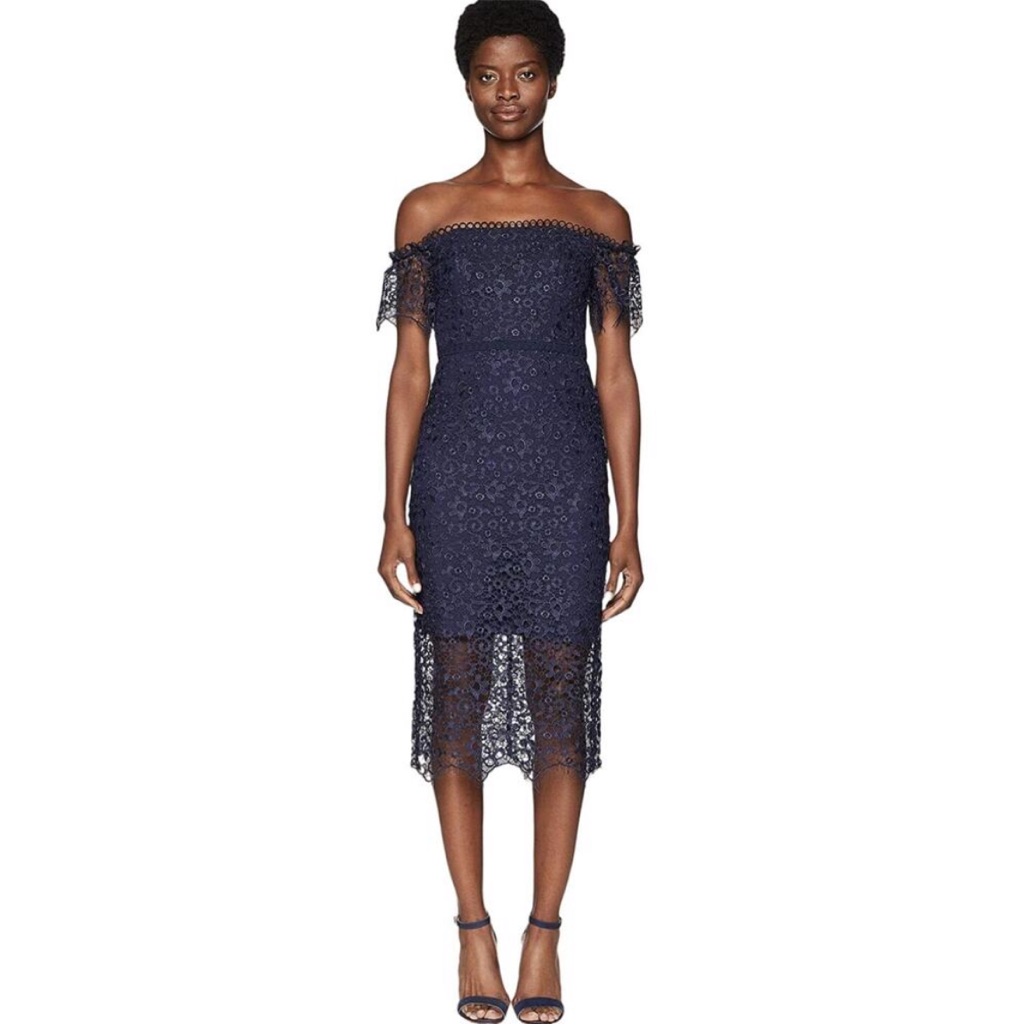 Ml Monique Lhuillier Navy Lace Off-The-Shoulder Dress